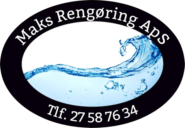 Maks Rengøring APS logo med vandbølge, telefonnummer.
